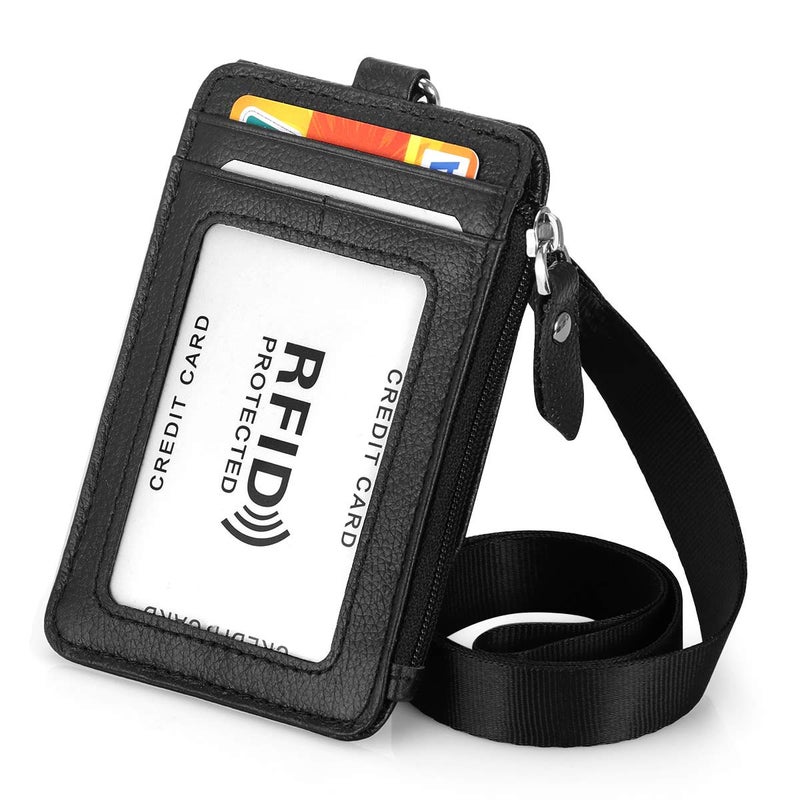 HAWEE Badge Holder with Zipper Genuine Leather RFID Keychain Wallet Neck Lanyards with Swivel Hook for Card/Coin/Cash, Black - Image 1